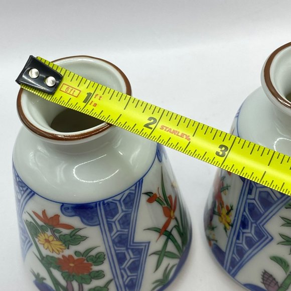 2 Floral Porcelain Japanese Flower Bud Vases Blue White Gold Toned Rim Small 4" - Picture 9 of 12